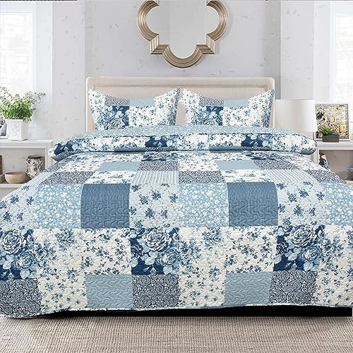 Rugs Inn Quilted Bedspread Bed Throw Super King Size 3 Piece Bedding Sets with Matching 2 Pillow Cases - Vintage Look Floral Pattern Lightweight Patchwork Bedspread Throw (ICE BLUE FLORAL(Des 6)