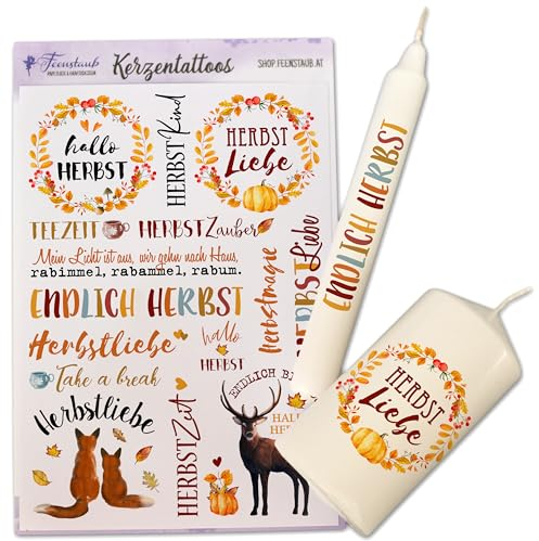 FEENSTAUB Kerzentattoos Herbst, Wasserschiebefolie Kerzen A5, Deko Herbst, Kerzensticker mit Herbstmotiven, Herbst Dekoration, Aufkleber für Kerzen, Kerzen dekorieren, Kerzen Tattoofolie Herbstzauber