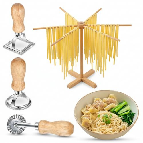 Baderke Pasta Drying Rack and Ravioli Stamp Maker Cutter with Roller Wheel Set Collapsible Wooden Pasta Drying Hanger Rack for Dumplings Pierogi Kitchen Homemade