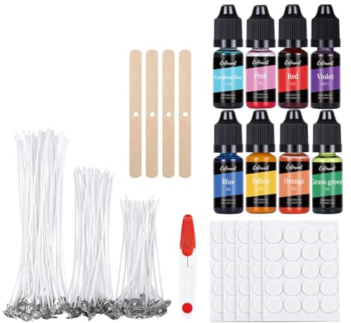 ALLAVA Kit de Fabrication de Bougies avec 100 Mèches, 8 Cires, 100 Autocollants et 4 Supports de Mèche pour Adultes et Enfants