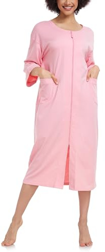 COLORFULLEAF Damen Bademantel mit Reissverschluss 100% Baumwolle Leicht Morgenmantel Hausmantel Damen Lang mit Taschen M-XXL(Rosa,L)