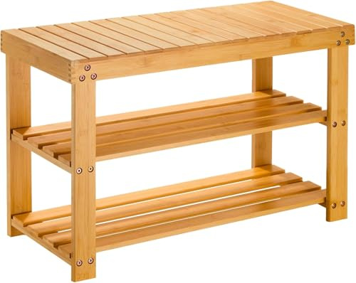 MantraRaj Bamboo 3 Tier Shoe Rack Bench Seater Shoe Organiser with Seat for Entryway, Hallway And Living Room Footwear Holds up to 6 Pairs of Shoes Bench Wooden