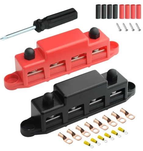 TOVOT Bus-Bar 12V with 4 x M8 Studs Power Distribution Blocks with Mounting Kit Terminal-Blocks with Cover for Car(Red & Black)