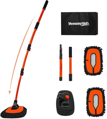 YeewayVeh 55 Car Wash Brush Mop with Long Handle, Extendable Curved Car Cleaning Brush with Extra Microfiber Mop Head, Soft Car Wash Brush Kit with Storage Bag for Truck SUV Cleaning, Orange