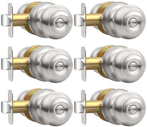 AEEKEL Privacy Door Knob, Brushed Nickel Door Knobs Interior Keyless Locks Set(6 Pack), Bedroom Bathroom Door Knob with Lock, Reversible for Left/Right Door Handle