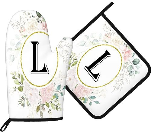 Ofenhandschuhe Personalisierter Anfangsbuchstabe L Mit Blumen, Blumen L Kochhandschuhe Waschbare Grillhandschuhe Qualitäts Topfhandschuhe Für Backen Grillen Kochen