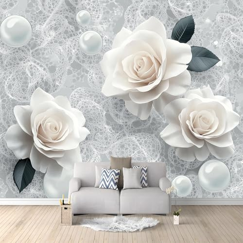 Papier Peint de Photo Fleur Rose Perle Blanche 350x256 cm Papier Peint Panoramique Papier Peint intissé Murale Pour Chambre De Fille, Garçon, Chambre De Bébé Salon Chambre Décor