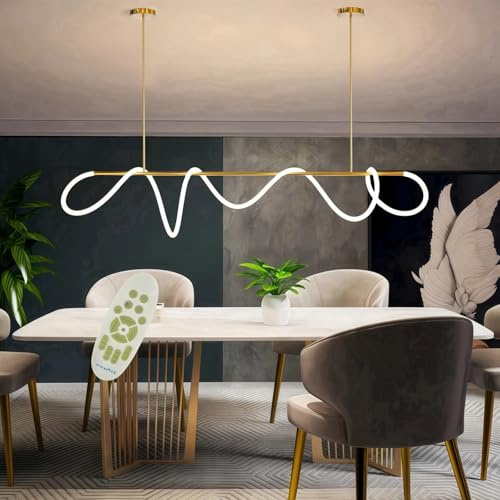 Jsz Pendelleuchte Esstisch, LED Dimmbar Hängelampe Esszimmer 3000K-6500K, Linear DIY Hängeleuchte mit Fernbedienung, 41W Esszimmerlampe Hängend Höhenverstellbar Esstischlampe (Gold, 200CM)