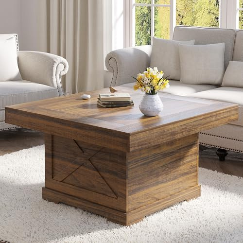 Lareth Coffee Table 31.5 in Rustic Center Table with X Design Wooden Pedestal for Living Room, Small Square Home Office Tea Accent Table for Dining Room Apartment, Walnut