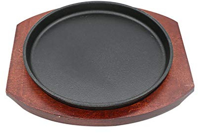 Piatto da bistecca in ghisa con base in legno, 18 cm/20 cm/22 cm/24 cm/26 cm/28 cm/30 cm/32 cm, piastra in ferro per grigliare e servire, ritenzione del calore e durata