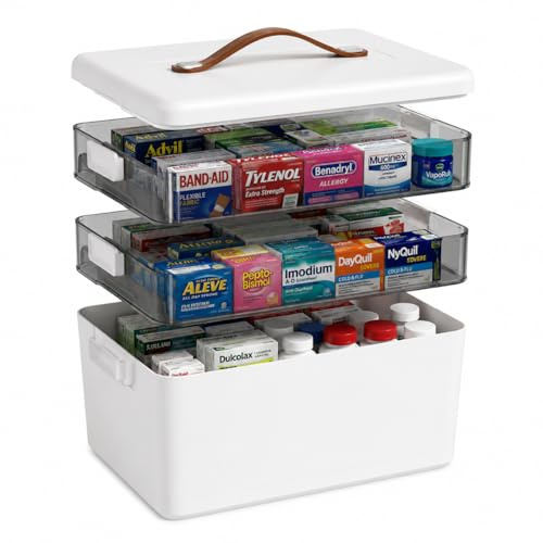 Medicine Storage Box, Large 3-Tier Medication Organizer with Carry Handle | Portable First Aid Box with Lid and Multi Storage for Home and School