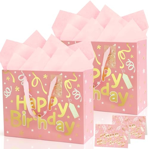 2 Stück Geschenktüten groß, Rosa und Gold Metallicfolie Geschenktüte Set mit Seidenpapier und Grußkarte, Papiertüten mit Henkel Groß, Geschenktaschen für Geburtstag, Party, Hochzeit, 33x26x12cm