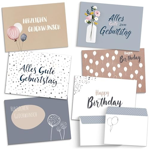 beriluDesign 20 Geburtstagskarten Set mit Umschlägen - Glückwunschkarten, Postkarten zum Geburtstag - Happy Birthday Karten - ideal als Grußkarte oder Gutschein (20 Karten + 20 Umschläge)