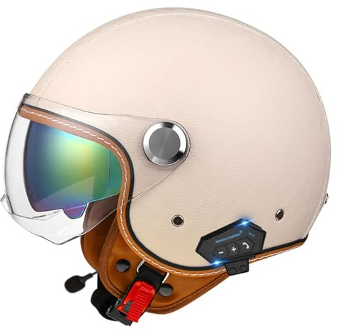 VVPEC Bluetooth Motorbike Helmet Retro Open Face Helmet with Double Sun Visor 3/4 Motorcycle Leather Jet Helmet ECEDOT Approved Half Helmet for Men and Women Adult Moped Scooter(9,XL=61~62cm)