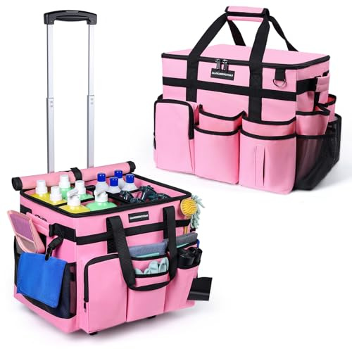 Extra Large Rolling Cleaning Caddy Bag with Wheels, Cleaning Baskets Bags with Detachable Trolley For Housekeepers , Water Resistant Cleaner Supplies Organizer with Wheels for Kitchen, Car