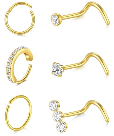 LAURITAMI 6 Stück 20G Nasenpiercing Ring Nasenpiercing Stecker,8mm 10mm Edelstahl Nasenring Hoop Septum Clicker Ring L Form Nasenstecker mit Zirkonia Nostril Piercing Schmuck für Frauen Männer