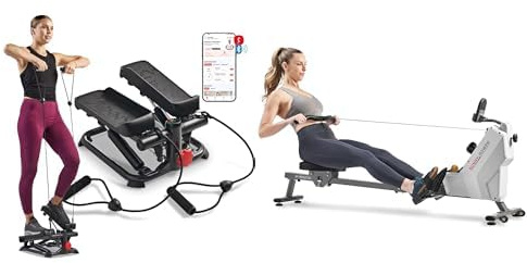 Sunny Health and Fitness Total Body Smart 2-in-1 Stepper Machine, Total Body Workout, Adjustable + Compact Folding Magnetic Rowing Machine w/ 109 cm Slide Rail, 130 KG Max