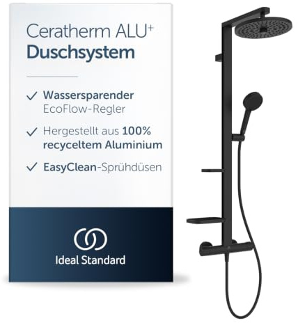 Ideal Standard Ceratherm Alu+ freiliegendes Duschsystem, mehrere Duschfunktionen, Thermostatfunktion, Wasser- und Energieeinsparung, Kernelemente aus Aluminium, in mattem schwarzem Finish