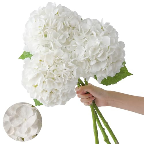 3 Pcs Real Touch Hydrangea Artificial Flowers 22.5 Lifelike Latex White Hydrangeas Fake Hydrangeas for Home Decor Party Wedding Bouquets Table Centerpieces Floral Arrangements Indoor Outdoor Decor