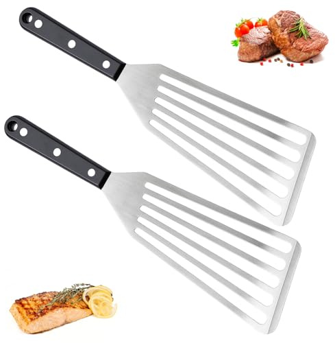 2 Pack Fish Slice Spatula, Metal Fish Slice, Stainless Steel Fish Turner for Non Stick Pans, Flexible Kitchen Utensil for Flipping Fish, Eggs, Pancakes