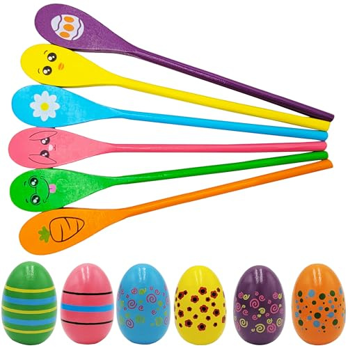 6 Painted Easter Egg and 6 Spoon Race Game Set, 6 Sets, Family Game for Kids & Family Activity Holiday Outdoor Yard Easter Egg Hunt Birthday Party Front Lawn