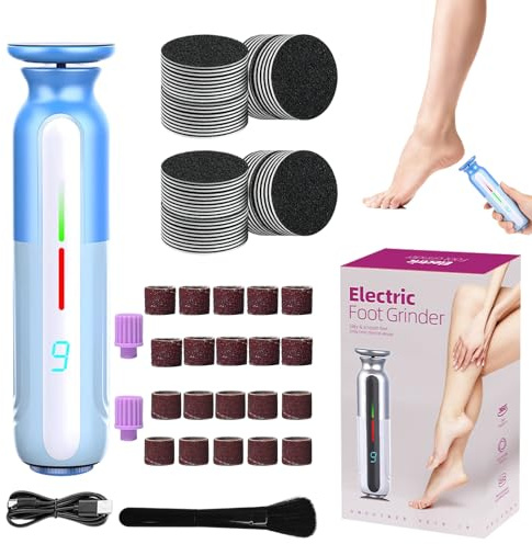 Electric Foot File, 3 in 1 Foot Callus Remover & Nail Grinder, Hard Skin Remover Pedicure Tools for Dry Cracked Heels Skin, Rechargeable 2000mAh, 9 Speed Adjustable, 60pcs Sandpaper Discs (Blue)
