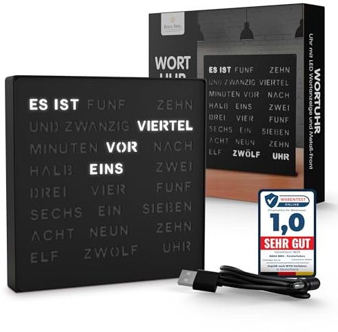Bada Bing LED Wortuhr Schwarz mit Deutscher Wort Anzeige - edle Metall Uhr mit USB Kabel Wanduhr modern - Tischuhr hochwertig lautlos zum Aufstellen/Aufhängen - Deko Geschenk Männer Geburtstag Büro