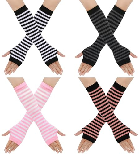 leruiyezs 4 Paare Gestreifte Handschuhe Damen Fingerlos Lange Armstulpen Stricken Y2k Häkelmützen, Stricken, Gestreifte Arm Für Herbst Winter, Farben Mix, Modisch Und Elastisch Für Frauen Teens