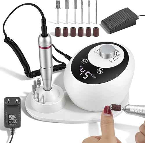 Torno para Uñas Profesional 45000 RPM, Pulidor Uñas, Lima Electrica Uñas, Set Manicura y Pedicura Electrico con pantalla LED, 6 brocas, Silencioso para Doméstico y Salones de Uñas Manicura y Pedicura