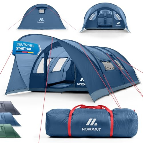 NORDMUT® Tunnelzelt 4 oder 6 Personen windfest inkl. Vordach & Boden – stabiles Familienzelt mit Stehhöhe – Campingzelt wasserdicht mit hervorragender Luftzirkulation