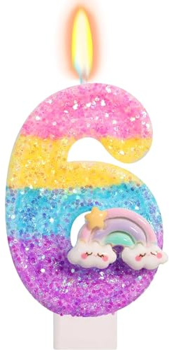 Koboko Koboko Regnbåge Födelsedagsljus Nummer 6, Färgglad Födelsedagsdekoration Flicka, Glitterljus Siffran 6 År, Tårtdekoration Barnkalas
