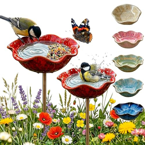 Bienentränke Keramik Blume & Vogeltränke Stehend - Gartendeko für Draußen Wetterfest, Insektentränke Garten für Wildvögel, Bienen & Schmetterlinge (Rot * 2)