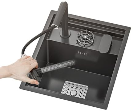 Btsunotr Lavello sottopiano nero – Rubinetto pieghevole – Con coperchio – Lavello singolo in acciaio inossidabile, ideale per cucine, camper e banconi da bar (2, 45 * 38 * 22cm)