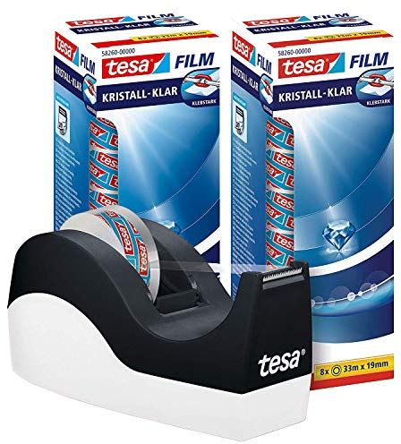 tesa Easy Cut Orca Tischabroller (rutschfest, einfache Handhabung, sauberer Schnitt mit 16 Rollen tesafilm kristall-klar 33m:19mm)