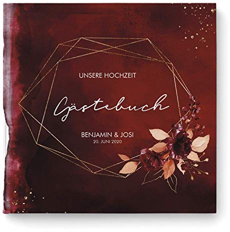DeinWeddingshop Gästebuch Hochzeit - personalisiert - Hochzeitsgästebuch, Hardcover 21x21 cm (Inhalt mit Fragen, Watercolor Breeze Weinrot)