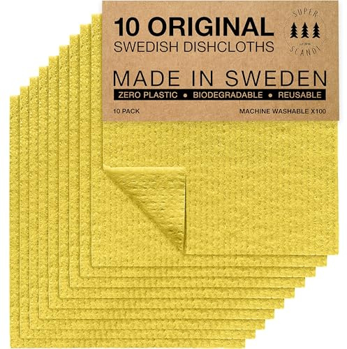 SUPERSCANDI 10 Piezas Paños de Cocina - 100% Biodegradables y Compostables | Trapos de Cocina Reutilizables, Aptos para Alimentos y Sin Plástico | Bayetas para Todas Las Superficies, Amarillo