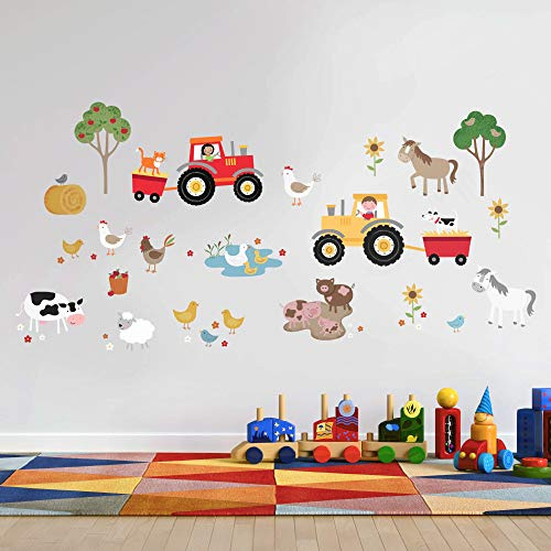 Happy Linen Company Wandaufkleber für Kinder, Bauernhoftiere, Traktor, 45 Stück, selbstklebend, für Schlafzimmer