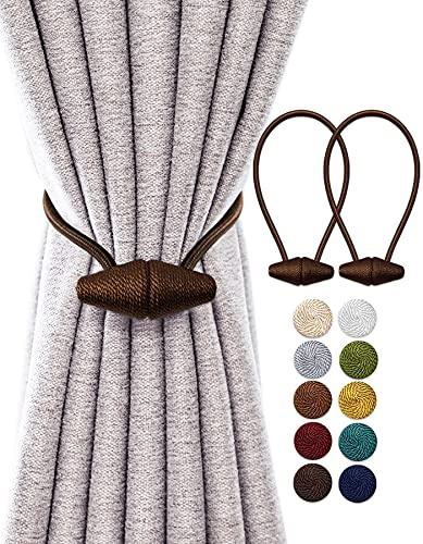 TECVINCI Magnetic Curtain Tiebacks with Upgrade Larger Magnet, 2 Pack 16 Inch Drapery Holdbacks for Indoor & Outdoor Curtain - Dark Coffee