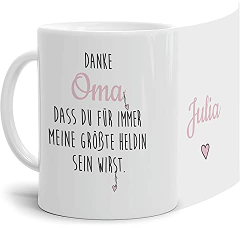Tasse mit Spruch - Danke Oma meine Heldin - Keramiktasse zum selbst Beschriften - Geschenk für Oma - Weiß, 300 ml