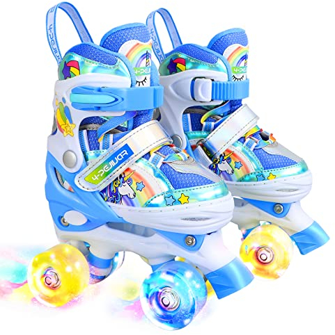 Kinder Einhorn Rollschuhe für Mädchen Jungen.Geeignet für 6-12 Jahre alt.Mit Leuchtenden Rädern,4-Pejiijar Verstellbar Anfänger Quad Roller Skates für Weihnachts und Geburtstags Geschenke