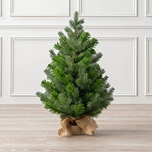 Christow Artificial Mini Christmas Tree, 2ft / 60cm Miniature Tabletop Spruce, Small Indoor Home Desk Table Xmas Decoration, Natural Looking PVC & PE Needles, Weighted Base with Hessian Wrap