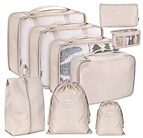 Newaner Koffer Organizer 9-Teilige Set, packing cubes Multifunktionale, Reise Kleidertaschen Wasserdichte, Packwürfel compressible für Urlaub, Mit Schuhbeutel, Kosmetiktasche, packtaschen, Beige
