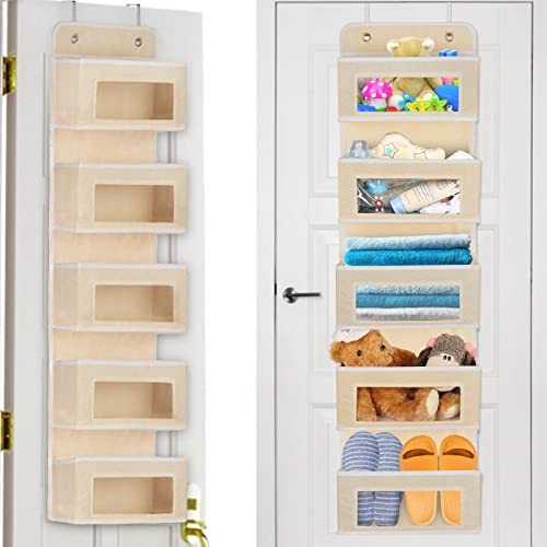 Aqash Over Door Hanging Storage Organiser - 5 Clear Window Pockets Organizer For Toys, Wallets And Towels, Grey (Beige)