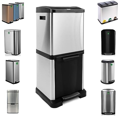 casa pura | Poubelle en acier inoxydable | Système de tri des déchets pour la cuisine - Poubelle à pédale avec poignée de transport | James - Acier inoxydable, 2x 8 Litres + 1x 16 Litres