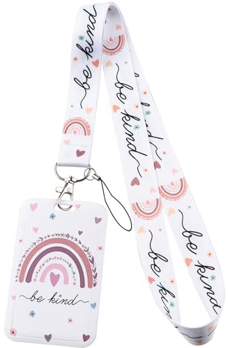 Juanooo Floral Teachers & Nurse Rainbow ID Lanyard Card Holder Cute Keychain Lanyard ID Holder for Keys ID Badges for Women Girls Kids School Preppy Key Card Keychain(Be Kind)