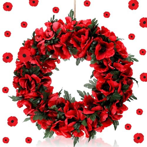 Dingion Memorial Day Red Poppy Wreath 12.6'' Artificial Funeral Wreaths with Poppy Flowers Green Leaves Front Door Floral Wreath for Outdoor Indoor Home Farmhouse Memorial and Veterans Day Decor