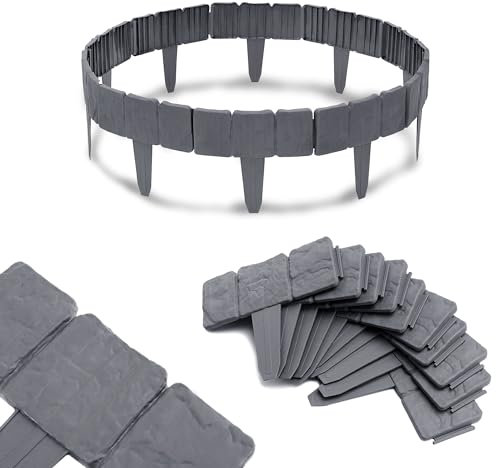 JNGLGO 5M Rasenkante Kunstoff Steinoptik Beeteinfassung Beetumrandung Gartenpalisade Mähkante 25 x 23 cm, 20 Stück - Anthrazit