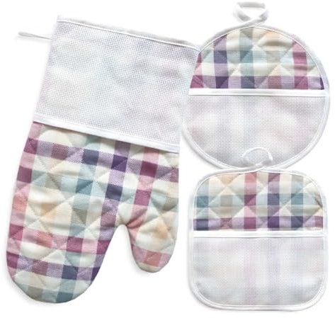 Guantone e presine in tessuto riciclato da ricamare a Punto Croce, Set Guanto da forno e presine ecosostenibili, Guantone da forno e presine con Tela Aida in tessuto scozzese riciclato (05 Rosa)