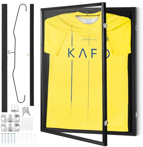 VEVOR Jersey Display Frame Case, 24 x 32 x 1.5 in, Large Lockable Sport Jersey Shadow Box with 98% UV Protection PC Glass and Hangers, for Baseball Basketball Football Hockey Shirt and Uniform, Black