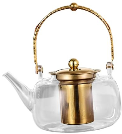 Milageto Teiera in Vetro, Piano Cottura con Filtro Rimovibile, Resistente al Calore, tè Kung Fu, bollitore da 1 litro, per Esterni, Hotel per Famiglie, casa, d'oro